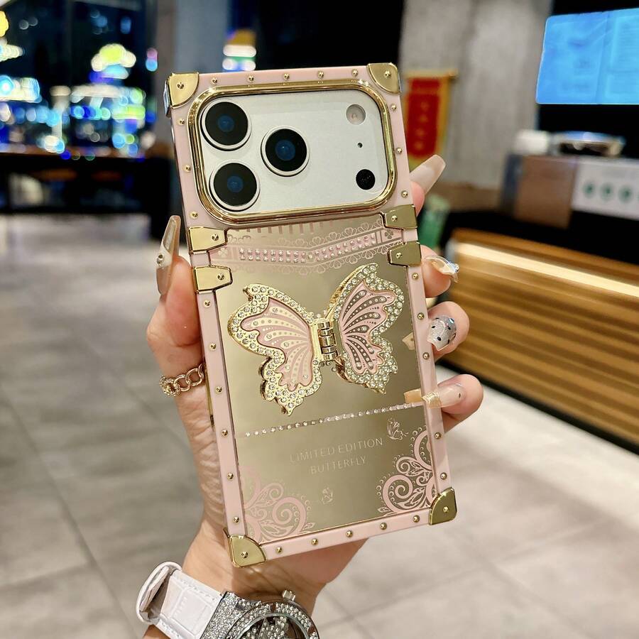 镀金方形蝴蝶手机壳，镶钻蝴蝶支架手机壳，适用于三星 Galaxy A56/A17/S24 Ultra/S24 Plus/S24/S23 Ultra/S23 Plus/S23/S22 Ultra/S22 Plus/S22/S21 Ultra/S21 Plus/S21 FE/S23 FE/A35/A56/A55