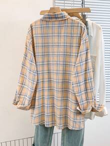 Áo sơ mi nữ dài tay kẻ caro xanh dương, chất liệu polyester, kiểu dáng thường ngày. - trái cam - Xem 3