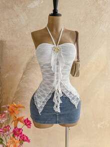 Camiseta asimétrica con decoración de conchas marinas, adecuada para vacaciones en la playa, verano - Blanco - Ver 3