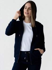 女款法式毛圈布連帽拉鍊運動衫，羅紋袖口與下擺收邊，尺寸 XS–10XL，適合春、夏、秋季穿著 - 藏蓝色 - 查看 2
