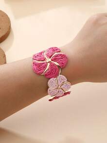 1pc Raffia Flower Open Bangle Bracelet, Contrasting Metal Flower Holder, Niche Accessory, Suitable For Beach Vacation, Summer Party, Gathering With Friends, Daily Wear, Vacation Style / Energetic Style / Retro Style - Plum Red - View 7