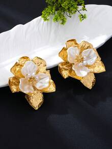 1 Pair Summer Bohemian Style Multi-Layer Metal 3D Floral Earrings, Fashionable High-Quality Elegant Earrings For Women, Suitable For Daily, Party, Holiday Gift - Yellow Gold - View 4