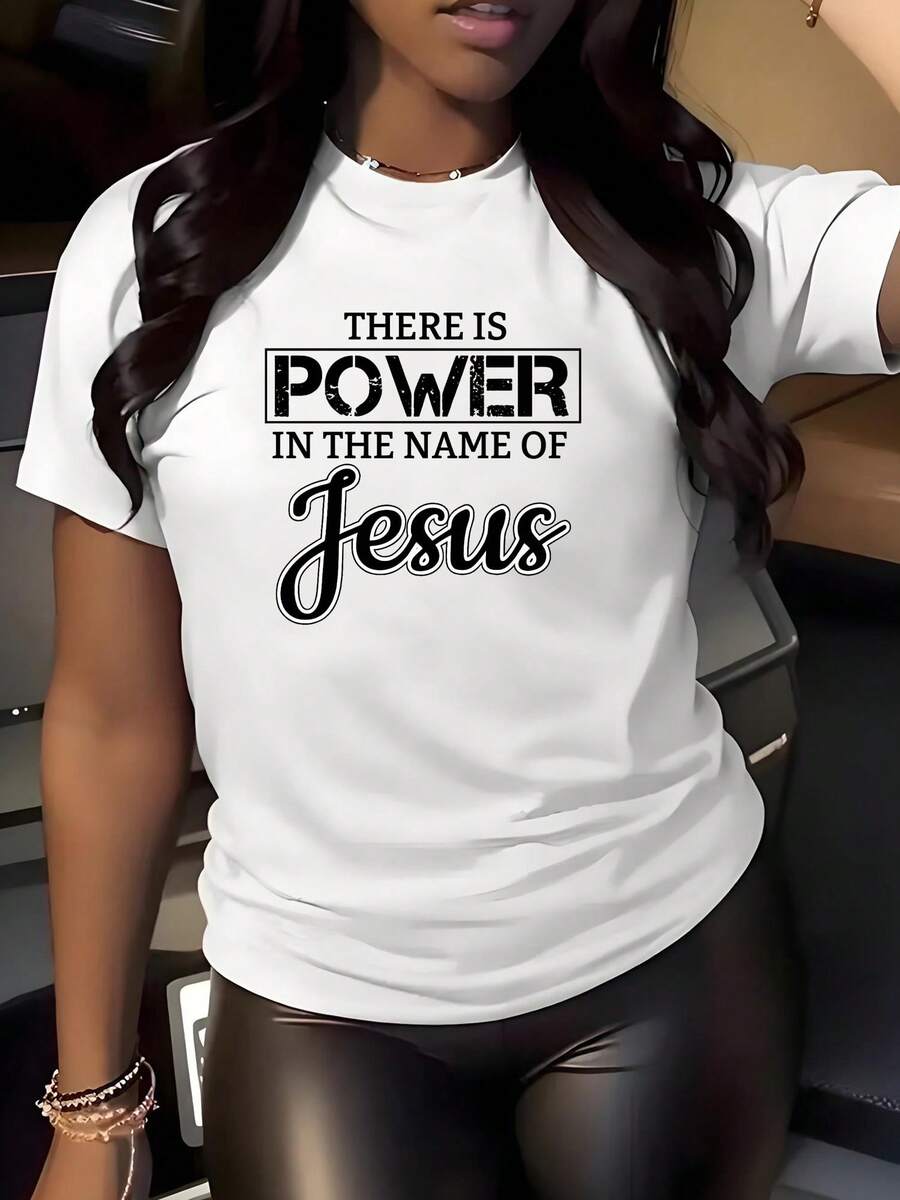 Camiseta de manga corta casual de las mujeres - impresión de potencia, diseño colorido, tela elástica suave, cuello redondo, lavable en máquina, confort de toda la tempor, top de verano, estilo de moda, materipaco