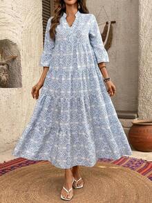 Vestido de vacaciones con mangas acampanadas y volantes en el bajo, unicolor para mujer, atuendos de vacaciones para mujer - Multicolor - Ver 5