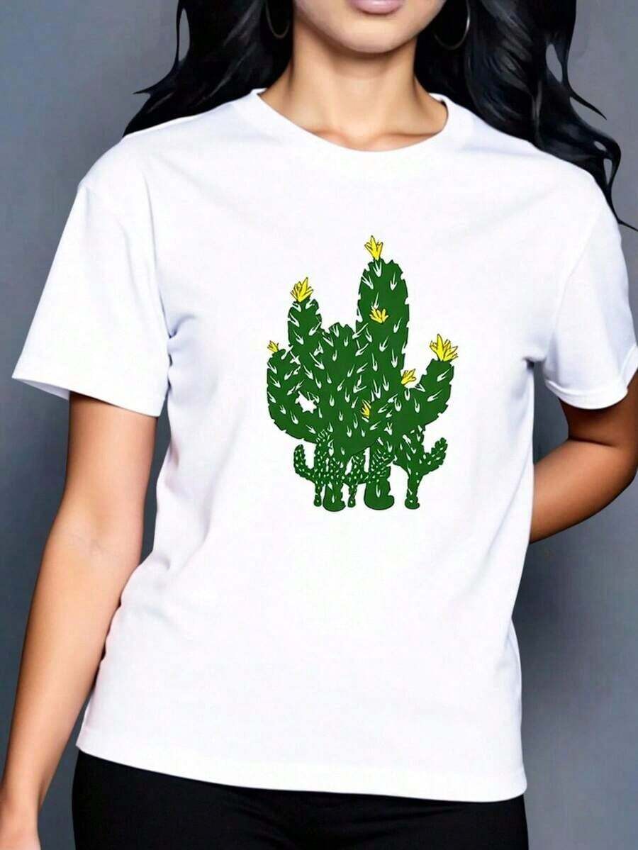 Fashion Printed T-Shirts For Women, Oversized Streetwear Tops, Comfortable And Stylish All-Match Summer Tees. Casual Women's Cactus Print T-Shirt. Oversized Casual Women's T-Shirt With Spiny Cactus Print. Women's T-Shirts - 白色 - 查看 1