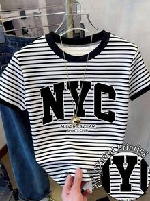 Camiseta casual de mujer de cuello redondo y manga corta con estampado de letras y rayas - Multicolor 15 - Ver 1