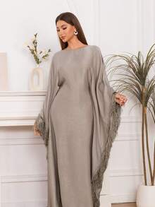 Middle East New Style Women's Arabic Fashion Abaya Long Dress, Exquisite Rhinestone Embellished Pullover Tassel Robe (Random Pattern) - Apricot - View 7
