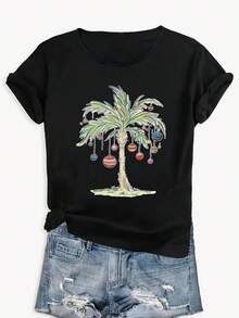 Women's Short-Sleeved Cotton T-Shirt, Christmas T-Shirt With Palm Print, Red, Loose, Casual, Summer, Festive Top For The Holidays. - 黑色 - 查看 6