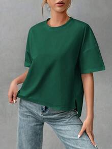 Camiseta holgada de estilo minimalista casual para mujer, con parte delantera corta y parte trasera larga, versátil para usar en la calle, adecuada para primavera y verano - Verde Oscuro - Ver 7