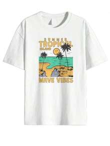 1 Yellow Island Tropical Wave Print T-Shirt - Featuring Palm Tree Print And Surf Logo, Hawaii/Turks And Caicos Lettering, Casual Short-Sleeve Beachwear For Summer, Machine Washable, Ideal For Vacations. 180g 100% Cotton, Patterns Are Fully Printed. Unisex. - 黑色 - 查看 11