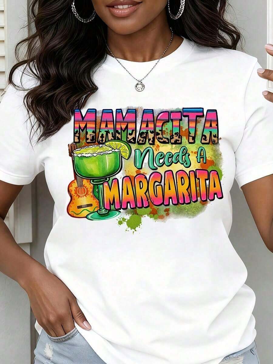 Camiseta de Cuello Redondo para Mujer con Estampado de "Mamacita Needs A Margarita" con Cóctel y Guitarra, Manga Corta, Casual, para Fiestas de Verano - Blanco - Ver 1