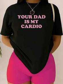 1 pieza de camiseta para mujer con estampado gráfico rosa "Papá es mi cardio", divertida, de manga corta, estilo oversize, novedosa, 100% algodón, cuello redondo, informal, 180g, 100% algodón, los diseños están impresos. Unisexo. - Negro - Ver 7