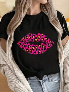 1 Piece Of Women's And Men's Crew Neck Short-Sleeved T-Shirt With A Pink Leopard Print And Lip Graphic. This  Casual T-Shirt Is Perfect For Everyday Wear. The Fun Prints Are Suitable For Christmas Parties, Sports Activities, Holiday Parties, Outings, And Other Holiday Gifts. 180g 100% Cotton - 黑色 - 查看 6