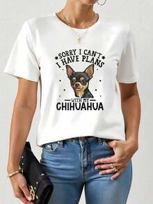 Camiseta de mujer con diseño de perro lindo, lo siento, no puedo planear con mi Chihuahua, camiseta de mujer Ladyfit con diseño de perro, regalo lindo para amantes de los perros, camiseta divertida de Chihuahua, camiseta con estampado, popular en verano, transpirable, cómoda, top deportivo casual de manga corta, ropa de mujer. - Blanco - Ver 2