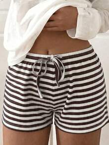Vaiaye 女士棕色条纹抽绳短裤，休闲低腰家居服/睡裤，适合春夏日常街头穿着 - 棕色白色條紋 - 查看 6