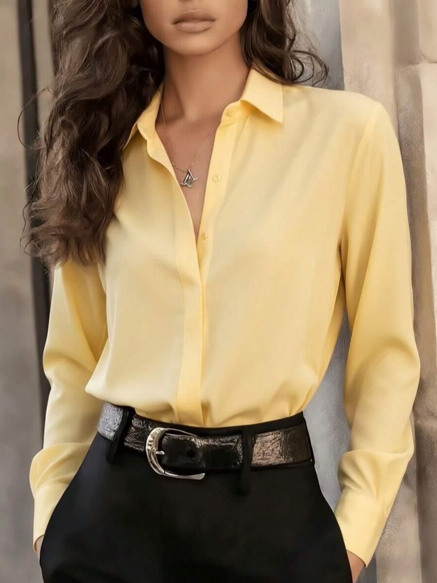 Women's Purple Lapel Long Sleeve Button-Up Shirt, Soft Knitted Fabric, Suitable For Work Or Casual Wear