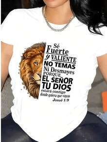 Women's T-Shirt. 100% Cotton Women's T-Shirt With Lion Print And Inspirational Phrase, Modern Casual Design, Round Neck, Comfortable And Breathable Style For Everyday Wear. Comfortable And Lightweight. - 白色的 - 查看 8