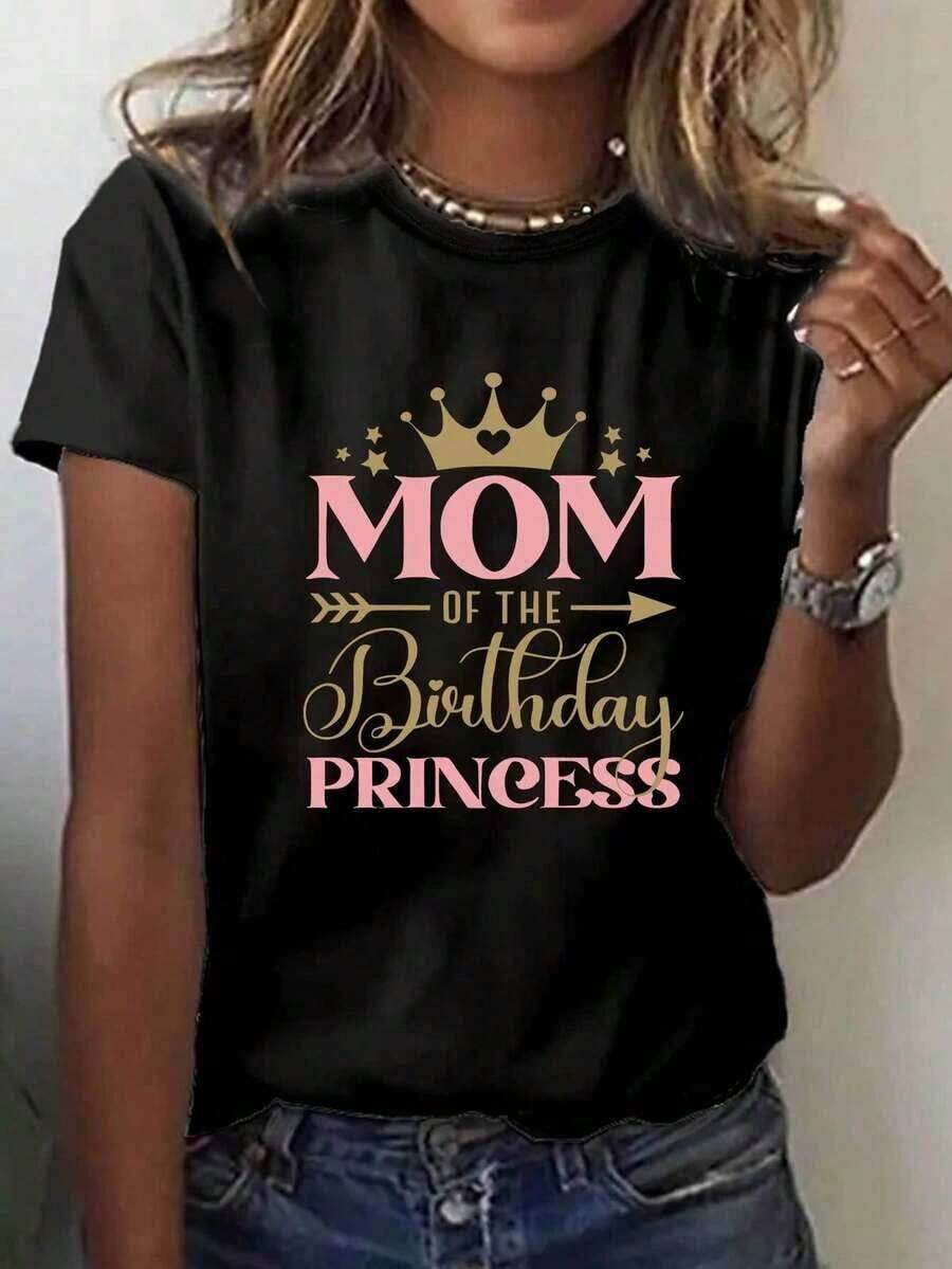 Soft 100% Cotton T-Shirt [MOM Print Casual T-Shirt] Comfortable Women's T-Shirt With MOM Print | Casual Short Sleeve Crew Neck Monogram T-Shirt For Summer, Spring And Mother's Day - Breathable Cotton Letter T-Shirt, Goes With Everything - 黑色 - 查看 1