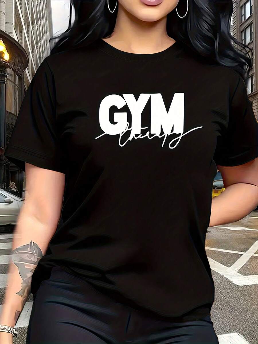 Camiseta suave 100% algodón con diseño de estampado de letras "Relax", elegante y transpirable, adecuada para viajes familiares, campus, uso casual, desplazamientos diarios, conjuntos a juego para hermanas, camiseta versátil 5772, camiseta de algodón transpirable, combina con todo. - Negro - Ver 1