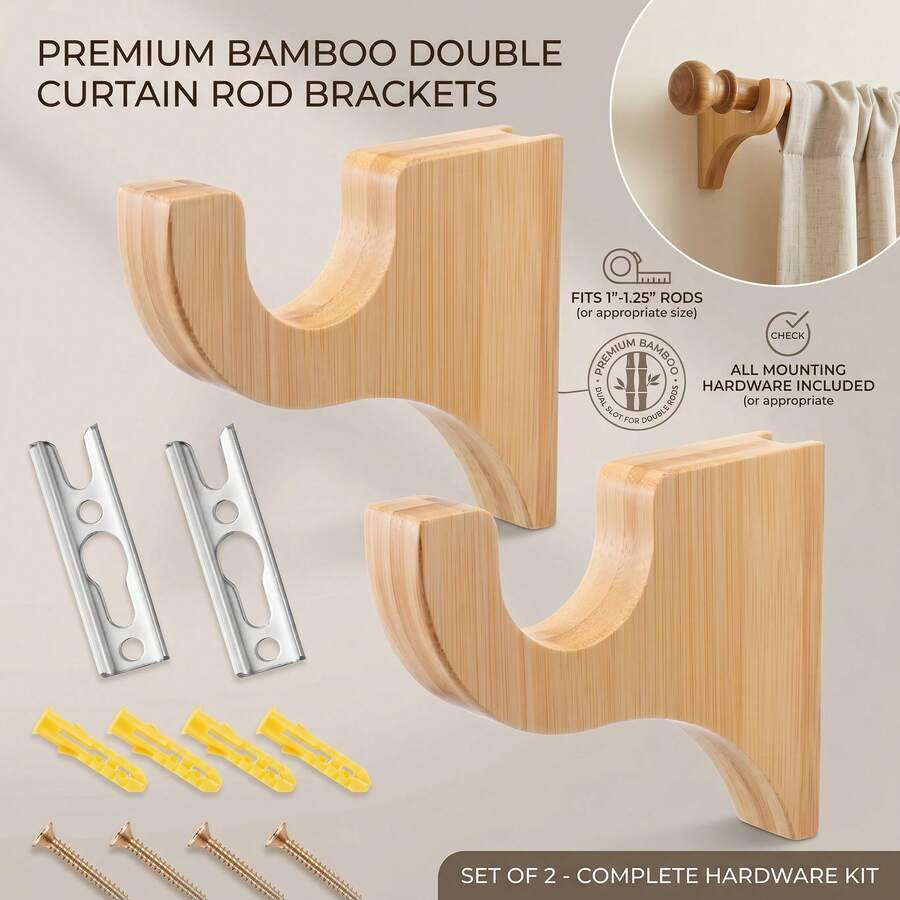 2Pc Wooden Curtain Rod Brackets,Curtain Rod Holders For Window Drapery Rods, Heavy Duty Curtain Rod Supports, Easy To Install,Fits For Bathroom, Bedroom, Wardrobes - 2pcs - View 1