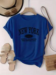Soft 100% Cotton Letter Print T-Shirt, Breathable And Fashionable, For Family Trips, Campus, Casual Wear, Everyday Wear, Sister Sets, Versatile T-Shirt 5814, Breathable Cotton T-Shirt, Goes With Everything. - 藍色 - 查看 4