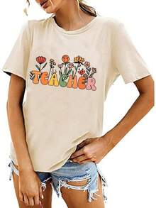 Camisadefloresparamujerconletrasinspiradorasparaelregresoalaescuela,enseñanza,jardíndeinfantes,maestras - Albaricoque 1 - Ver 2