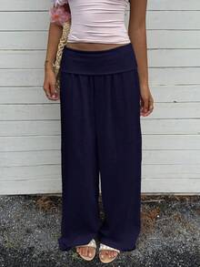 Women's Low Waisted Pants Solid Color Wide Leg Loose Fit Trousers Women Comfortable Casual Daily Wear - Azul Marino - Ver 6