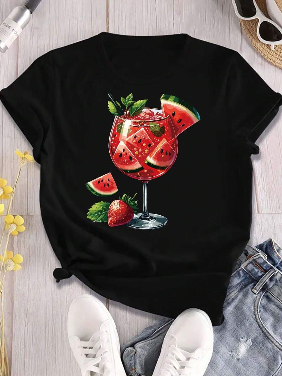 Camiseta de verano casual para mujer, manga corta, con estampado de batido de melón y fresa refrescante, cuello redondo, ajuste cómodo, parte superior de poliéster blanco para atuendo casual, ropa de verano casual | Camiseta con estampado vibrante | Camisa con ajuste cómodoverano mujer/Mujeres antes del Año Nuevo/ropa de playa/ontre mujer premium/Camiseta tropical de Carol pequeña - Negro - Ver 1