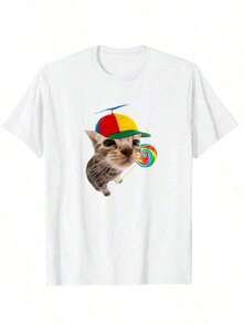 Women's Custom Soft Cotton T-Shirt, Funny Cat With Lollipop Print Tee, Unisex Graphic Tees, 100% Cotton Women's T-Shirt, Crew Neck, Short Sleeve, For Graduation Season | Class Of 2026 - Unisex Vintage Urban Style Cotton T-Shirt, Short Sleeve And Crew Neck - 白色 - 查看 6