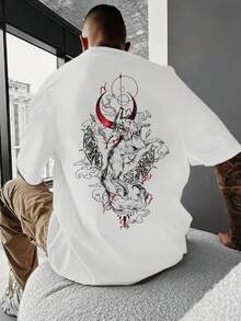 Camiseta de hombre con un misterioso estampado de zorro y luna creciente - camiseta casual, transpirable de manga corta, adecuada para aventuras al aire libre en verano, con un diseño estampado en la espalda, elegante y a la moda. - Blanco - Ver 8