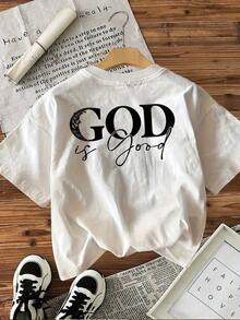 Blusas>Bonito  Camiseta de manga corta con estampado de doble cara "Easy Style" con el texto "GOD Is Good" que expresa un sentimiento religioso 100% Cotton Blusas Para Mujer Casual - [Blanco] - Ver 4