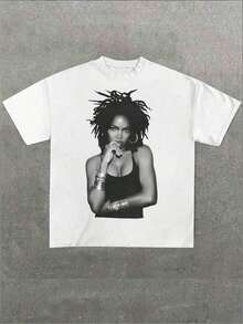 Break The System Lauryn Band Hill Lauryn Band, Casual Print, Comfortable And Versatile, 220g Pure Cotton Printed T-Shirt With Letter Pattern, Round Neck, Loose Fit. Suitable As A Gift. Women's T-Shirt. Blouses > Elegant. Boho Chic. Women's T-Shirt, Soft And Breathable: Perfect For Holidays, Travel And Festive Occasions, And Suitable For Wearing In Multiple Seasons. - 白色 3 - 查看 6