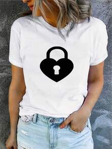 Camiseta Mujer Corazón Bloqueo Impreso Primavera Verano Casual Suelta Cuello Redondo Manga Corta - [Blanco] - Ver 1