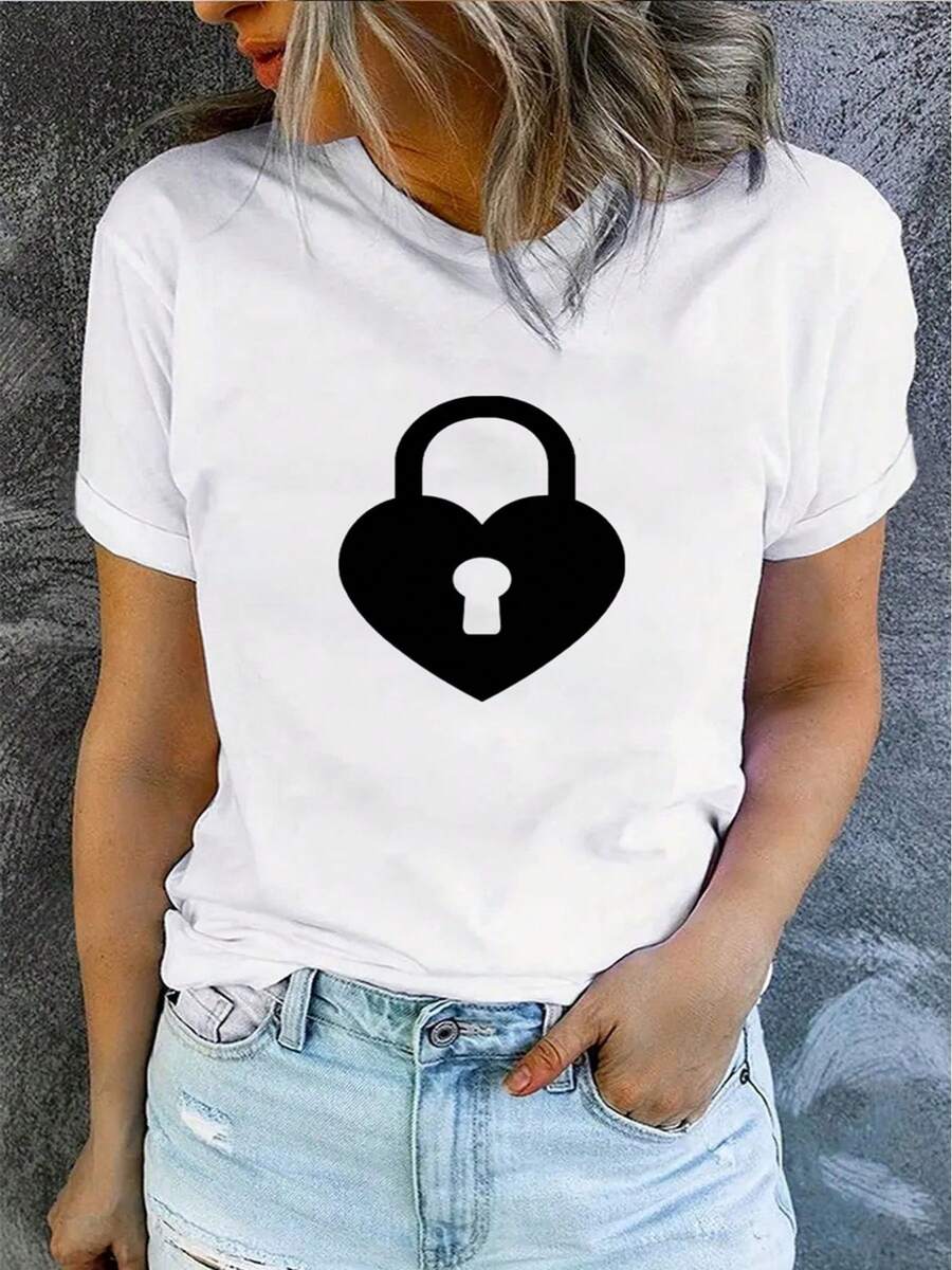 Camiseta Mujer Corazón Bloqueo Impreso Primavera Verano Casual Suelta Cuello Redondo Manga Corta - [Blanco] - Ver 1
