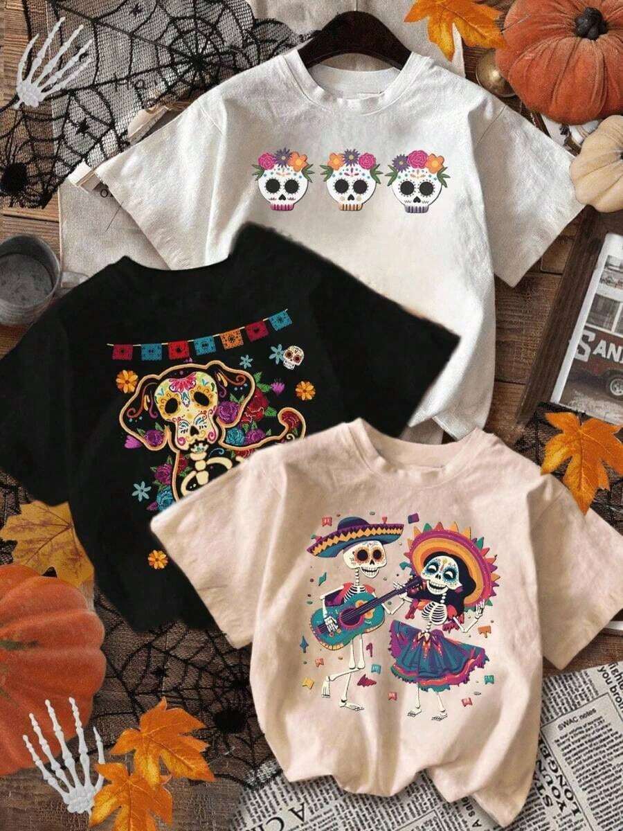 Set Pack. Single Garment, Not A 3-Piece Set. 1 Piece/Set Of Short-Sleeved T-Shirts Suitable For Streetwear. Oversized Round Neck Top For Daily Outings, Camping, Concerts, Hip-Hop, Rock, And Rap Events. Skull Dog Confetti Print Couple Dancing Casual Women's T-Shirt Set, Solid Color, Round Neck, Short Sleeves, Versatile - 白色 - 查看 1