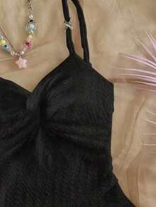 Vestido mini ajustado con cintura ceñida, bajo con volantes y giro asimétrico en el pecho, tejido en rojo, adecuado para vacaciones, citas, té de la tarde, vacaciones, festivales de música, estilo bohemio - Negro - Ver 3