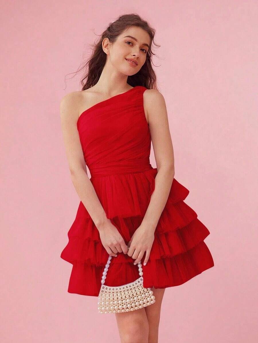 Vestido de malla asimétrico para mujeres con cuello y capa con volantes de unicolor para el verano - Rojo - Ver 1