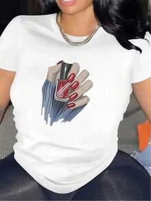 Short-Sleeved T-Shirts For Restaurant Staff, Made With Durable Fabric And Featuring Stylish Nail Art Designs, Are Comfortable And Fitted For Everyday Wear, An Ideal Choice For Casual Environments, With Lightweight And Breathable Material, Pure Cotton Printed T-Shirts For Women. - 白色 - 查看 1
