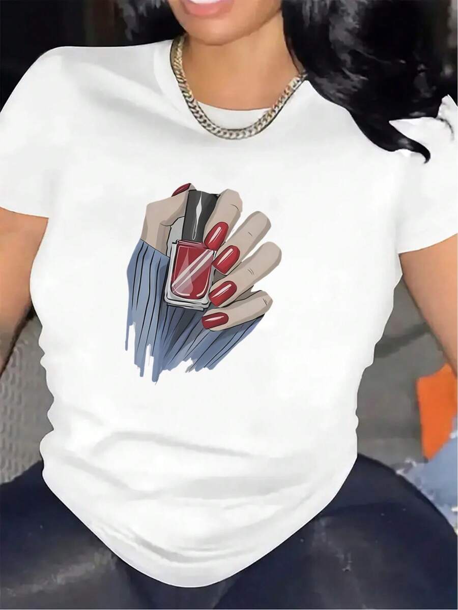 Short-Sleeved T-Shirts For Restaurant Staff, Made With Durable Fabric And Featuring Stylish Nail Art Designs, Are Comfortable And Fitted For Everyday Wear, An Ideal Choice For Casual Environments, With Lightweight And Breathable Material, Pure Cotton Printed T-Shirts For Women. - 白色 - 查看 1