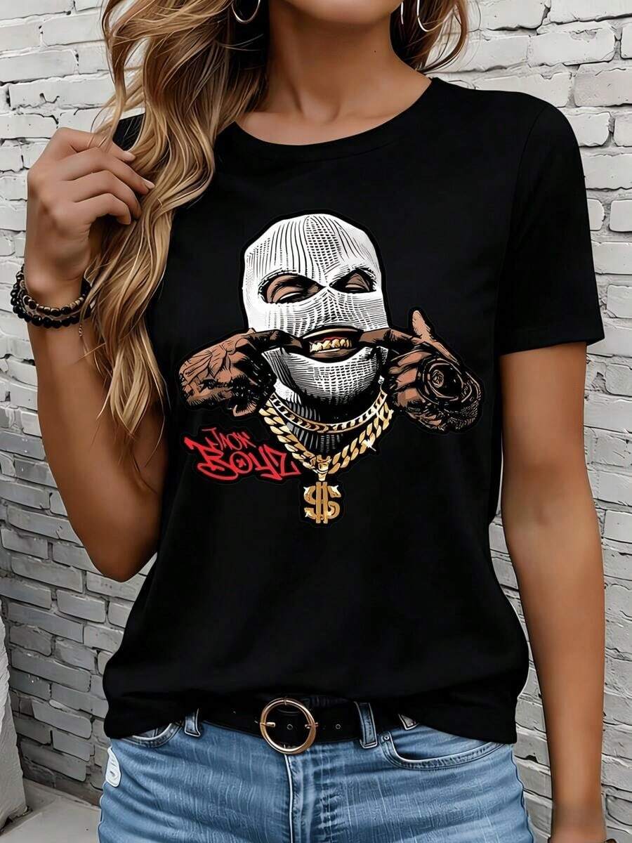 Women's Short-Sleeved T-Shirts In Black And White Are Suitable For Everyday Wear, Lounging At Home, And Outdoor Activities. This White T-Shirt Features A Masked Face Design And A Gold Chain, Making It A Stylish Urban Hip-Hop Outfit And A Great Gift For Parties Or Holidays. - 黑色 - 查看 1