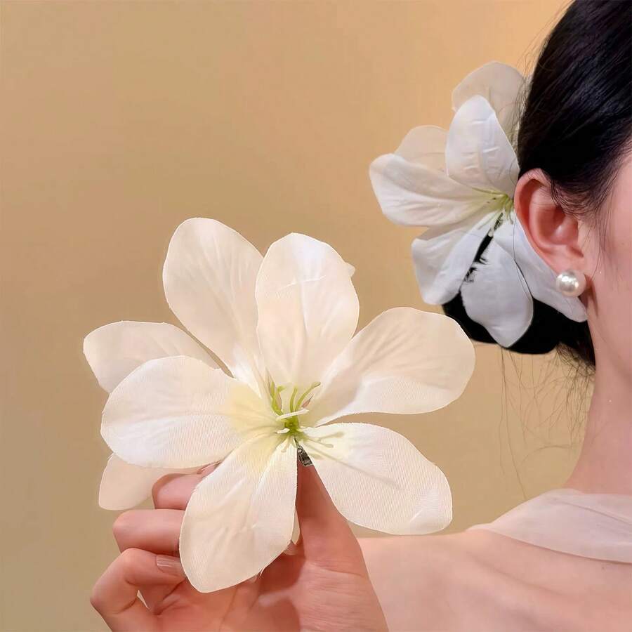 2件組女款花朵髮夾,逼真大花髮飾,海灘度假風,適用瀏海與側髮,百搭日常穿搭、拍照道具、旅行派對用抓夾 - 白色 - 查看 1