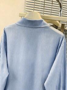Blusa de mujer con cuello polo, estampado de corazones y rayas - Camisa casual de manga larga con botones, adecuada para uso diario en primavera, verano y otoño - Azul sin corazón - Ver 6