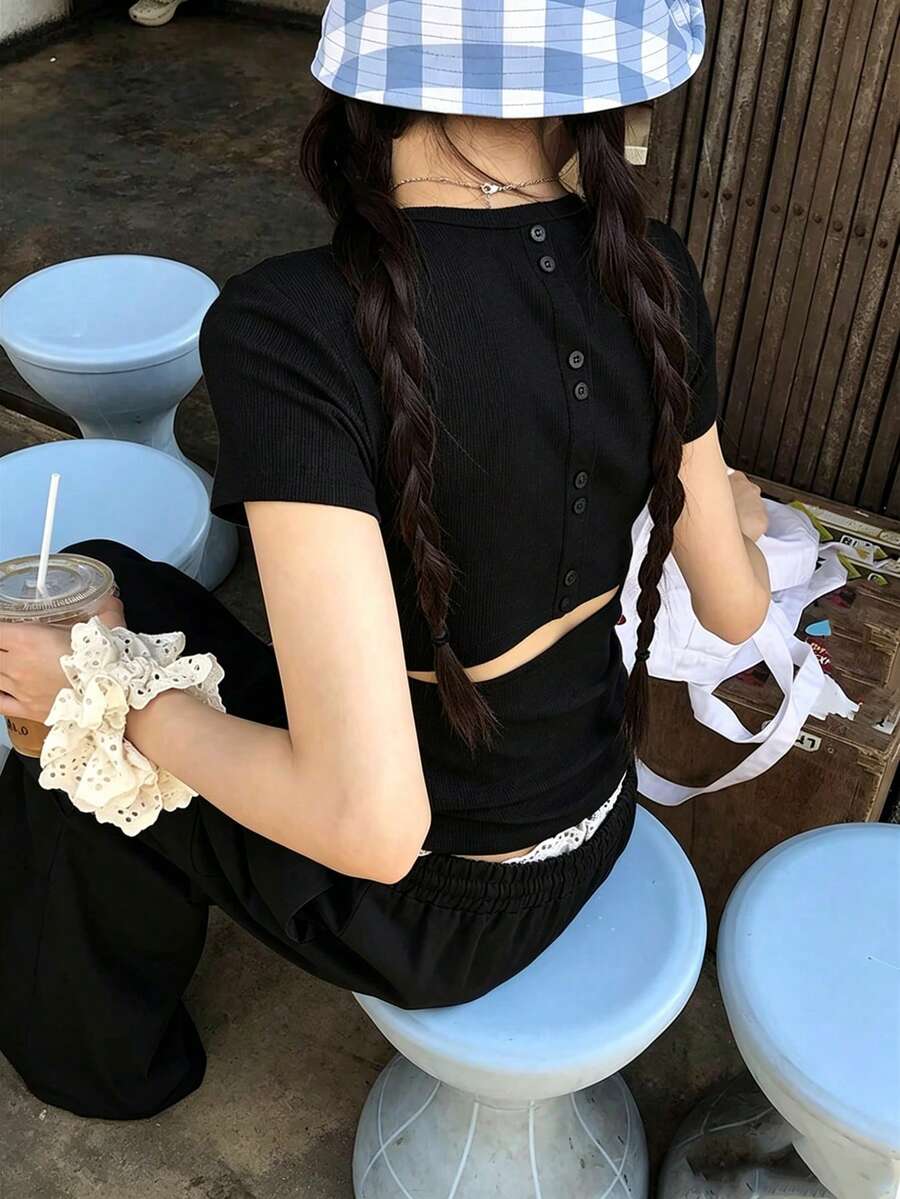 女款灰色修身獨特華麗短版上衣,休閒黑色夏季 Y2K 風格 - 黑色 - 查看 1