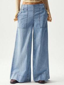 BohoFeels Pantalones anchos y sueltos de mezclilla tejida de unicolor casual - Azul - Ver 7