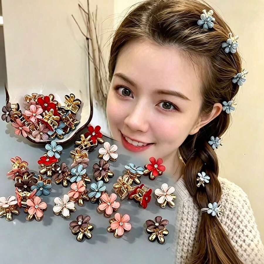 3/5/6 Pcs Mini Crystal Flowers Mini Hair Clips For Side Parting Hair Accessories. Multi-Color Camellia Flowers. Small Braid For The Side Part. Tiny And Exquisite Hair Clips. Princess Hairstyle Hair Clips. Braided Hairstyle.