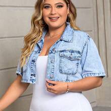 Plus Flap Pocket Crop Denim Blouse - Lavado ligero - Ver 7