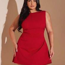 Plus Size Women's Sleeveless V-Neck Waist Ruched Beaded Back Zipper Dress, 
Plus-Size Women's White Knit Pearl Dress, Versatile For Date Nights, Elegant Cocktail Parties/Music Festivals/Dates/Parties/Nightclubs/Outings/Street Style/Summer Wear, Women's Summer Outfits, Summer Vacation Outfits, Women's Holiday Outfits, Short Dress. - Negro - Ver 5