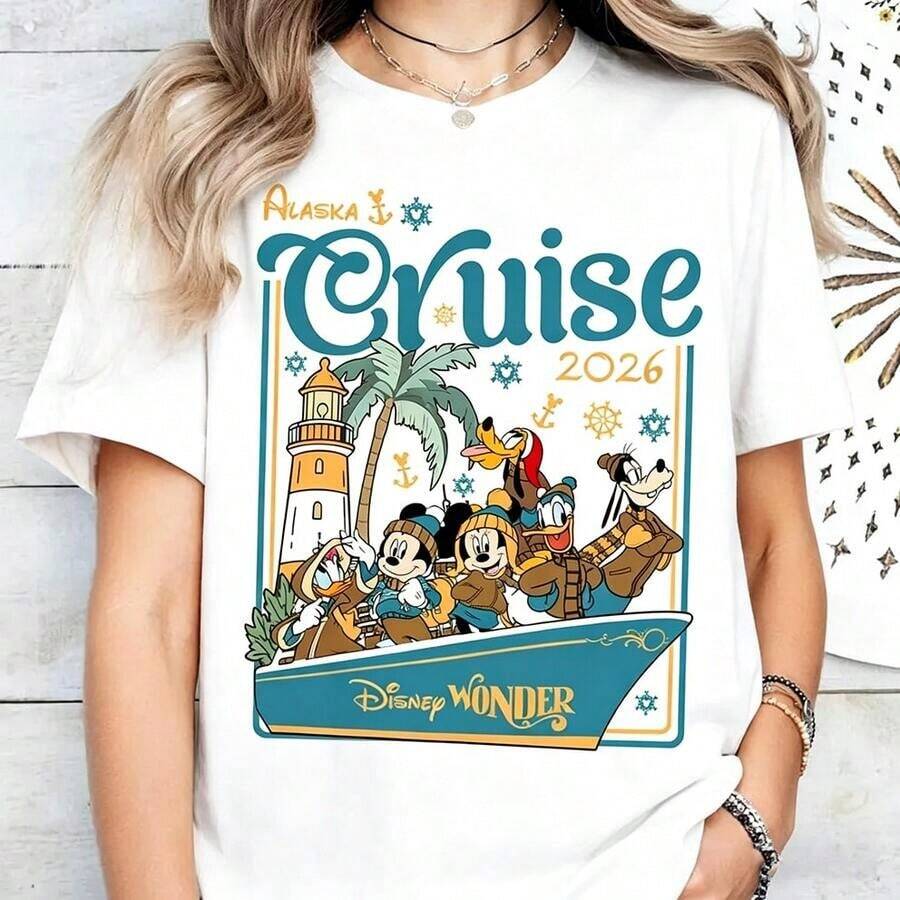 Disney. The Theme Of "Mickey Mouse" Disney Road Run, In The Form Of A Nine-Square Cartoon, Presents The Sports Shapes Of Mickey, Minnie, Donald Duck, Chichititi And Other Characters, With Mickey, The Protagonist In Running Shoes, Printed (Authorized By Disney. Mickey Mouse) Disney Cruise Theme, Showing The Mickey Family Wearing Winter Clothes On The Disney Wonder Cruise, With Lighthouse, Palm Trees, Snowflakes And Other Elements, Marked "Alaska Cruise 2026", A Group Of Elegant Ladies, Ladies' Cotton T-Shirts, Soft, Comfortable And Breathable, Suitable For Daily Wear, Shopping, Travel, Parties And Home Use. Clothes The Slogan "In My RunDisney Era" Below, And A Group Of Elegant Ladies And Ladies' Pure Cotton T-Shirts With Soft, Comfortable And Breathable Fabrics, Which Are Suitable For Daily Wear, Shopping, Travel, Parties And Home Use. Clothes Of The Same Style For Men And Women, As Well As Lovers' Styles, Are Also Suitable As Exquisite Gifts. Every Woman Should Have One. - White - View 1