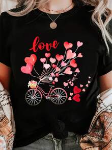 Valentine's Day T-Shirt For Women - Cute Heart Balloon & Bicycle Print With Love Hearts & Bows - Pink & Red Heart Design - Lightweight, Loose-Fitting Crew Neck Short-Sleeved Top - Valentine's Day Outfits, Matching Look For Girlfriend/Wife - Machine Washable, Casual Outfit - Birthday Or Valentine's Day Party Outfits - Comfortable Women's Blouse For All Seasons - Black - View 1