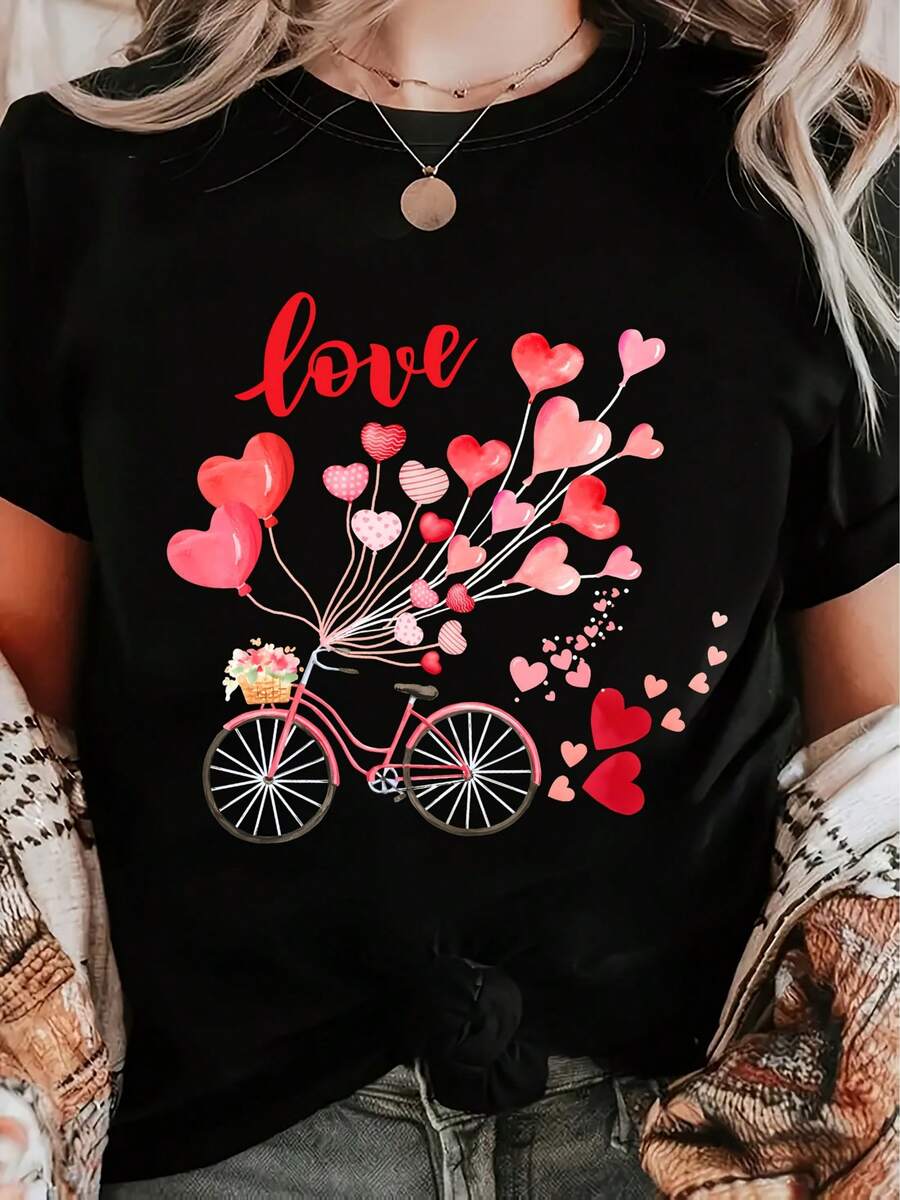 Valentine's Day T-Shirt For Women - Cute Heart Balloon & Bicycle Print With Love Hearts & Bows - Pink & Red Heart Design - Lightweight, Loose-Fitting Crew Neck Short-Sleeved Top - Valentine's Day Outfits, Matching Look For Girlfriend/Wife - Machine Washable, Casual Outfit - Birthday Or Valentine's Day Party Outfits - Comfortable Women's Blouse For All Seasons - Black - View 1